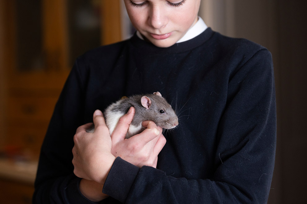 Young woman holds a rat lovingly