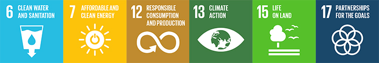 6: Clean water and sanitation. 7: Affordable and clean energy. 12: Responsible consumption and production. 13: Climate action. 15: Life on land. 17: Partnerships for the goals.